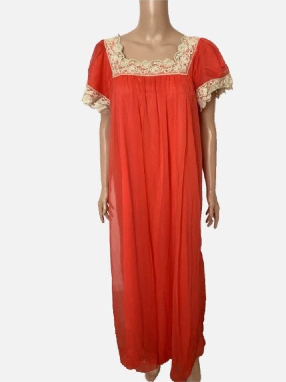 LE VOY'S 1960s Vintage Maxi Fully Lined Bright Coral Nightgown Lace Fully Lined